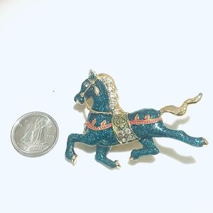 Horse Stallion Gold Enamel Rhinestone Brooch